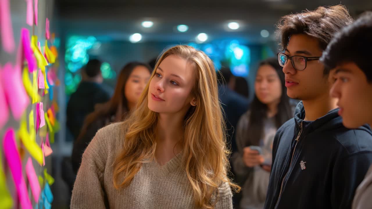 Students Looking at Sticky Notes on a Wall
