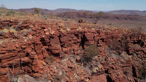 Slow-motion-aerial-of-male-hiker-walking-on-rocky-trail-near-steep-cliff-of-mountains---Red-desert-in-Karijini-National-Park---orbit-flight