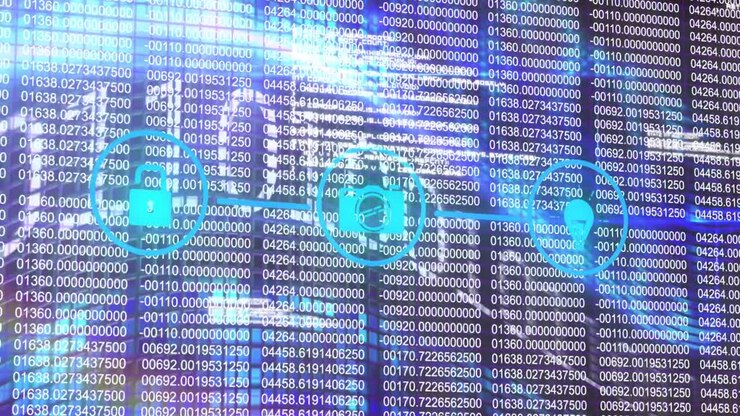Animation of technology icons, lights and binary code on digital display