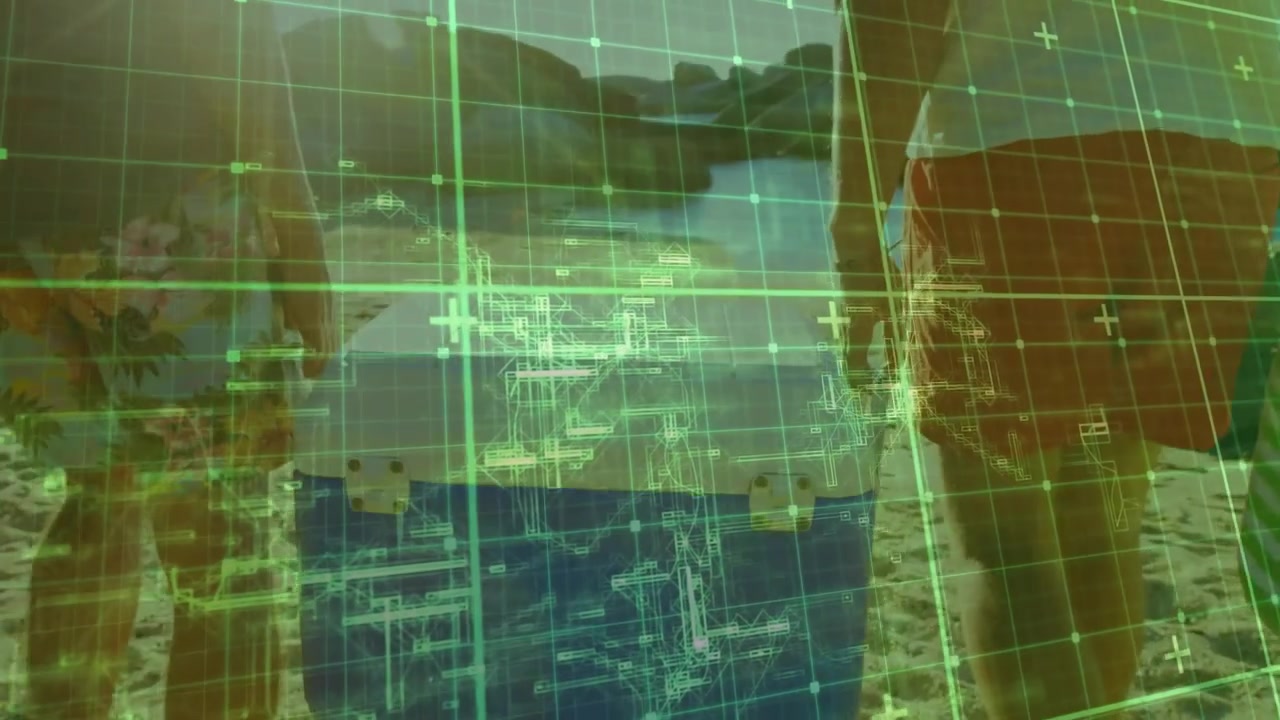 Two men emerging from treeline toting cooler along beach with green grid overlay scanning interiors