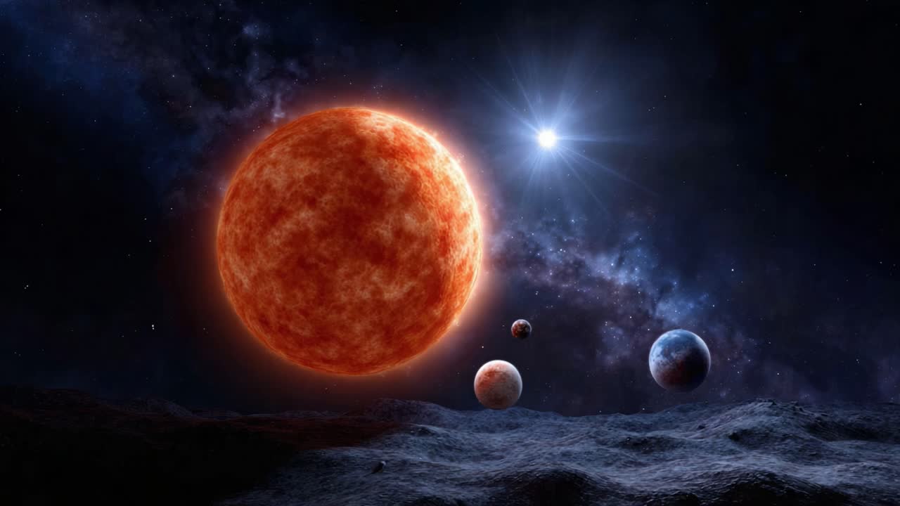 A Stunning Cosmic Landscape: The Fiery Red Star and Its Celestial Companions Illuminating the Vastness of Space with Planets Orbiting in a Distant Galaxy