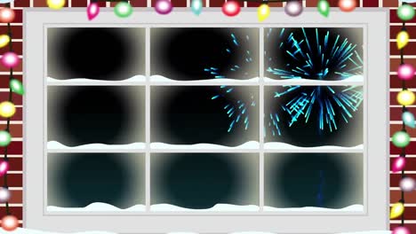 Fairy-light-decorations-over-window-frame-against-fireworks-exploding-on-black-background