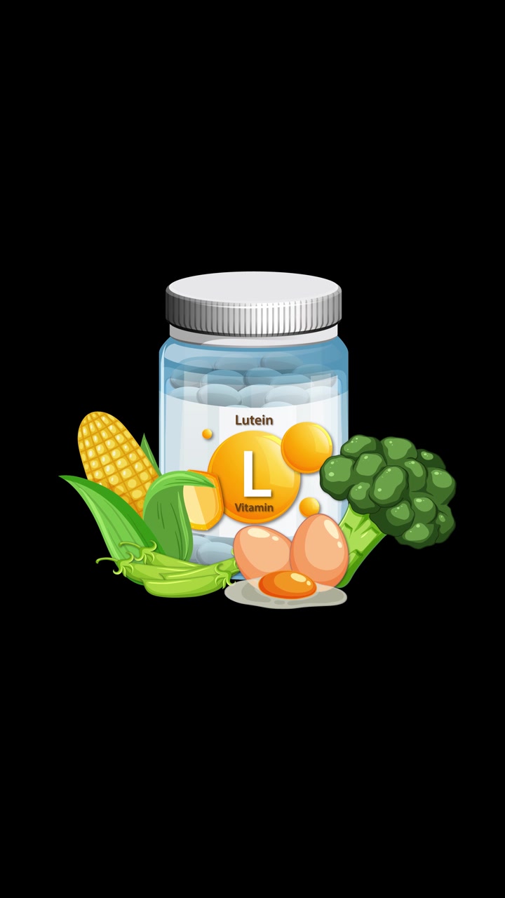 Lutein supplement bottle appears with corn, broccoli, peas, and eggs on a black background
