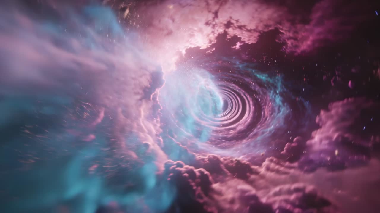 Telecamera che avanza, il punto di vista entra in un tunnel di nebulosa verso un vortice luminoso e un getto turchese.