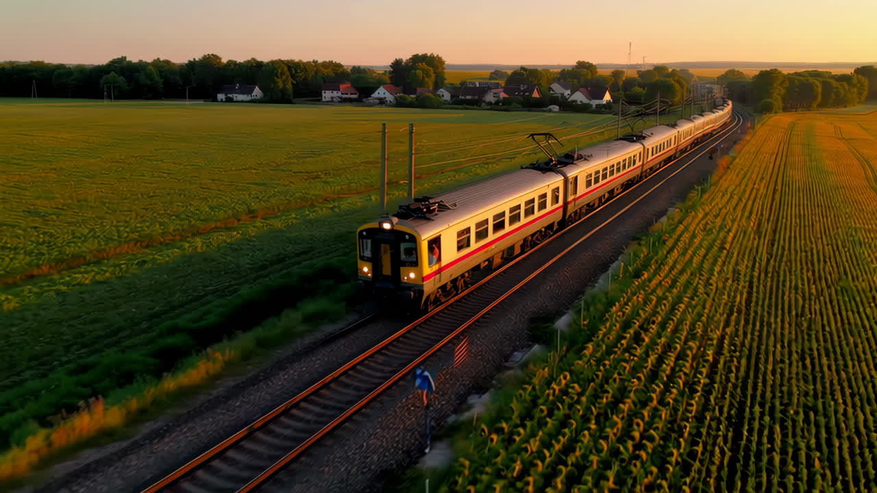 Train Traveling Through Golden Fields at Sunset
