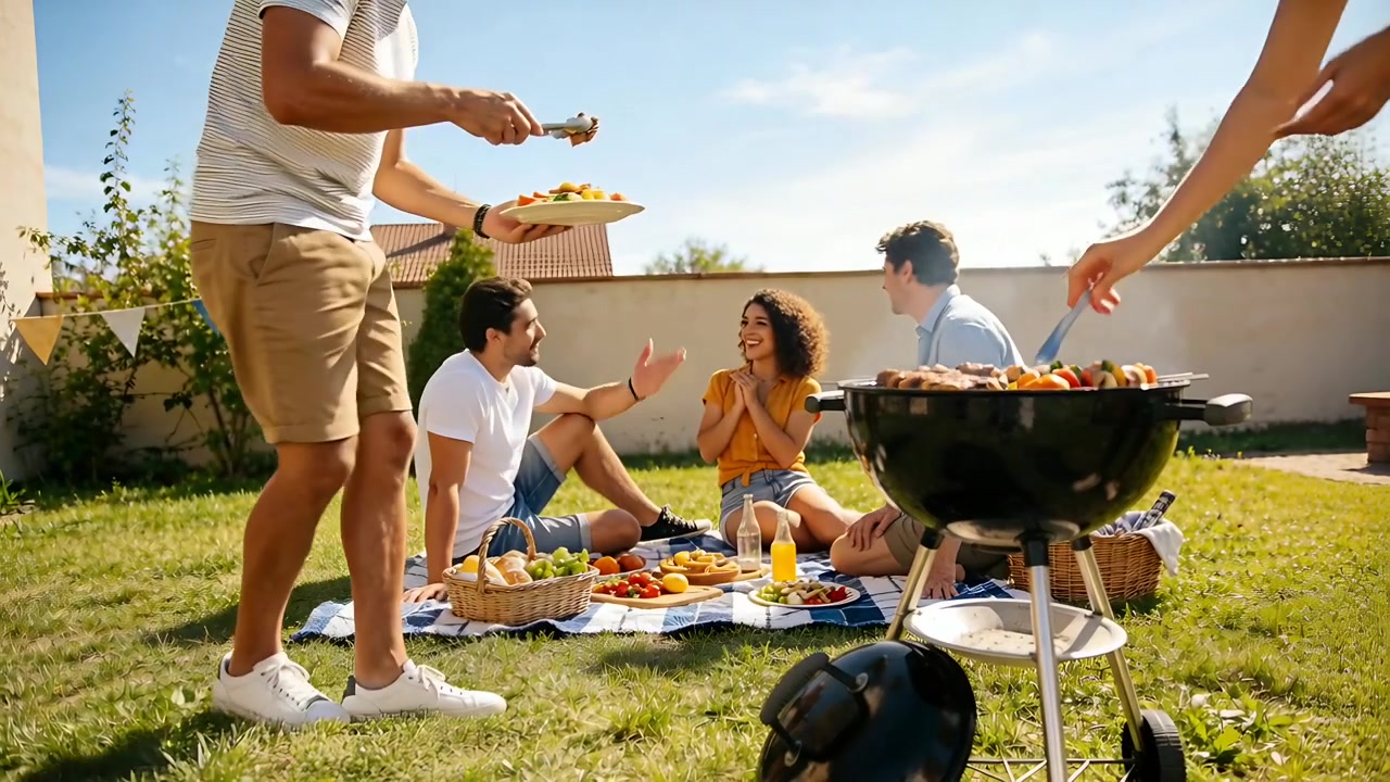 Grill sizzling, serving man in striped shirt moving toward friends on backyard, handing plate