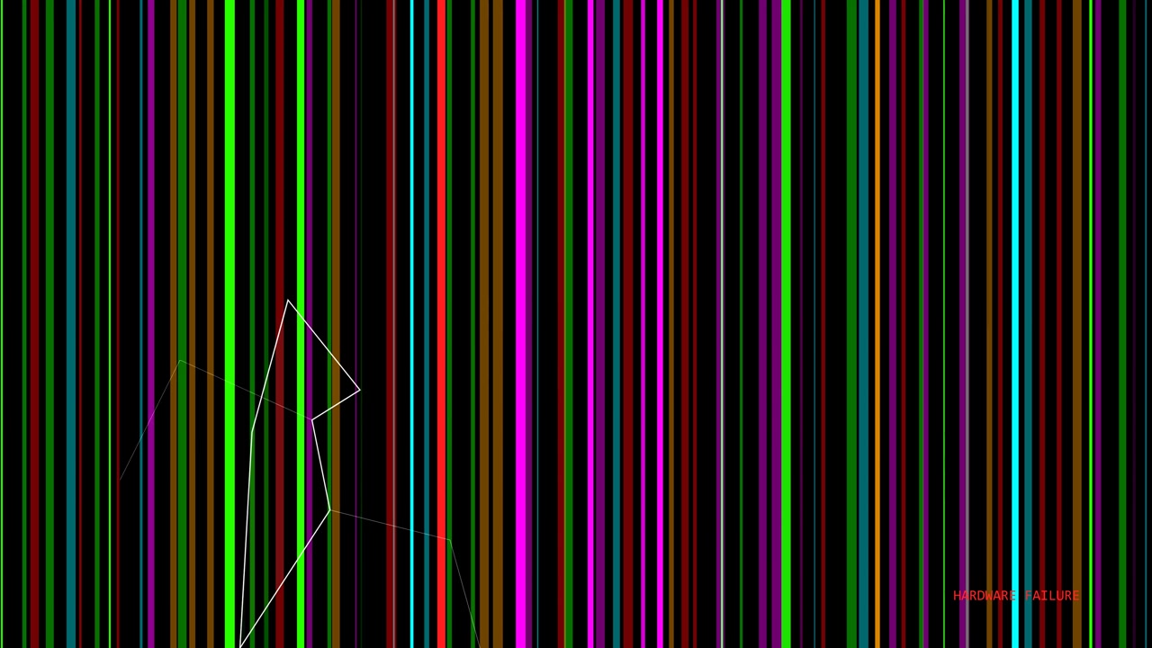 Abstrakt digital glitch baggrund med lodrette farverige linjer og tekst om hardwarefejl
