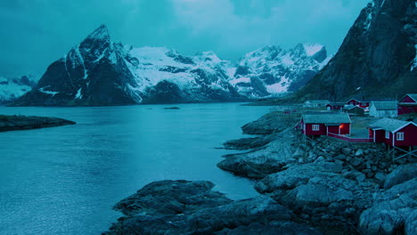 Cinematic-dusk-shot-of-Hamnoy,-Norway