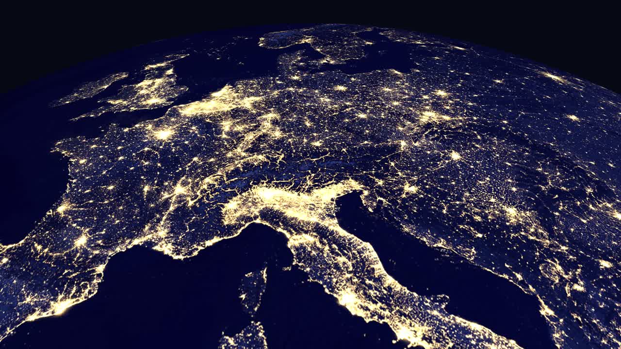 Un'animazione digitale si ingrandisce dallo spazio profondo in una luminosa vista notturna di Berna, Svizzera