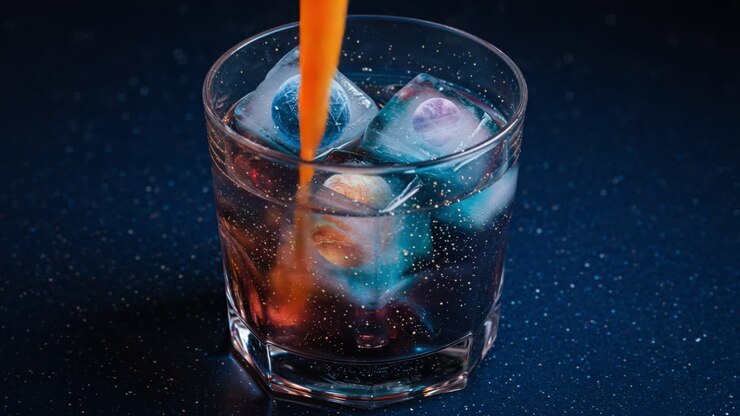 A visually striking close-up of a glass filled with colorful, patterned ice cubes submerged in a dark, effervescent beverage, creating a captivating and intriguing atmosphere