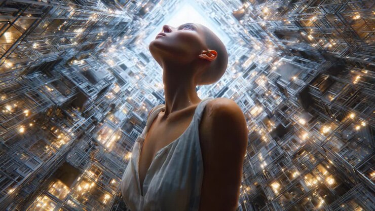Una figura contemplativa guarda verso l'alto in un labirinto futuristico e illuminato di luce e struttura, incarnando temi di introspezione e trascendenza in un ambiente accattivante