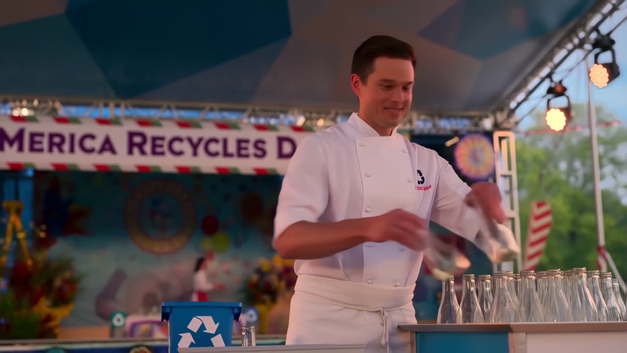 Chef promoting recycling with glass bottles