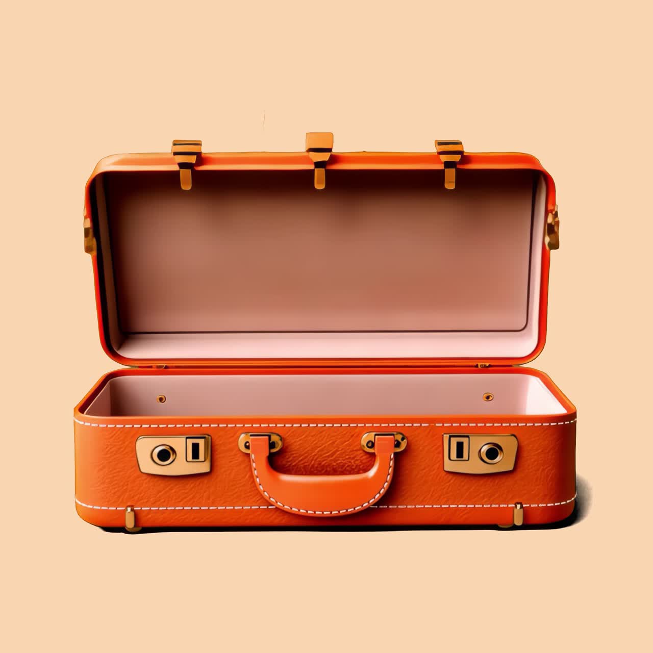 Vintage orange suitcase open animation isolated asset, transparent 4K video, alpha channel, ProRes