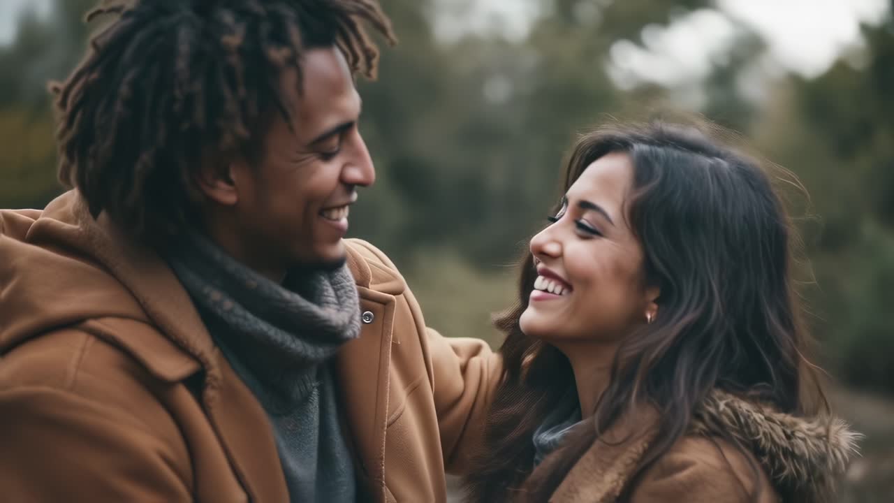 In a peaceful outdoor area, a couple shares laughter and smiles while embracing each other in autumn attire. Surrounded by trees, the atmosphere exudes warmth and connection despite the cool weather. Their joyful expressions reflect a deep bond as they savor their time together, creating memories th