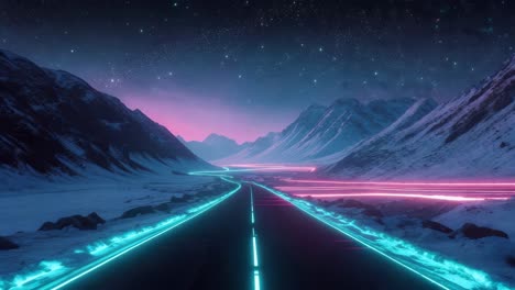 neon highway through snowy mountains at night