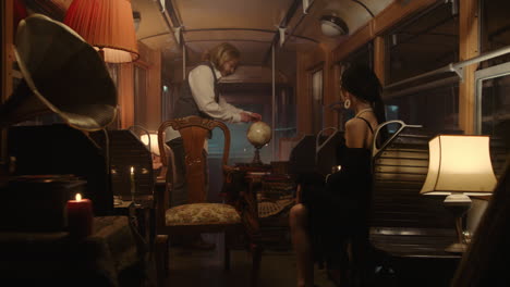 vintage train interior scene
