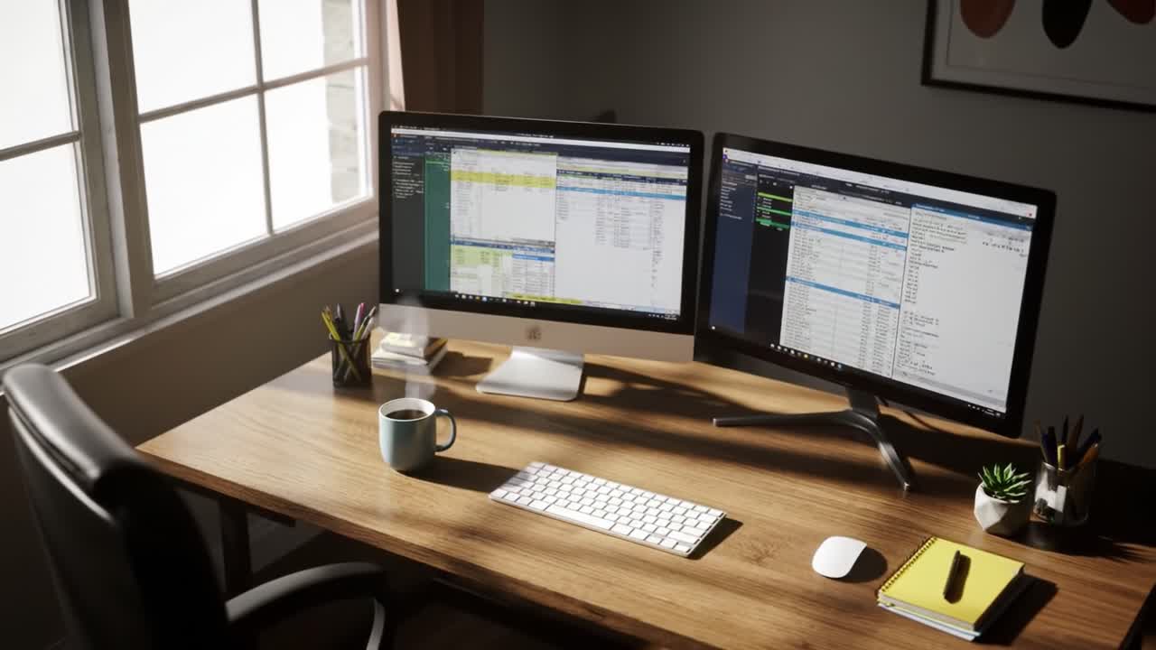 Modern Home Office Setup Featuring Dual Monitors with Detailed Data Analysis in a Brightly Lit Environment, Perfect for Productivity and Focused Work Sessions