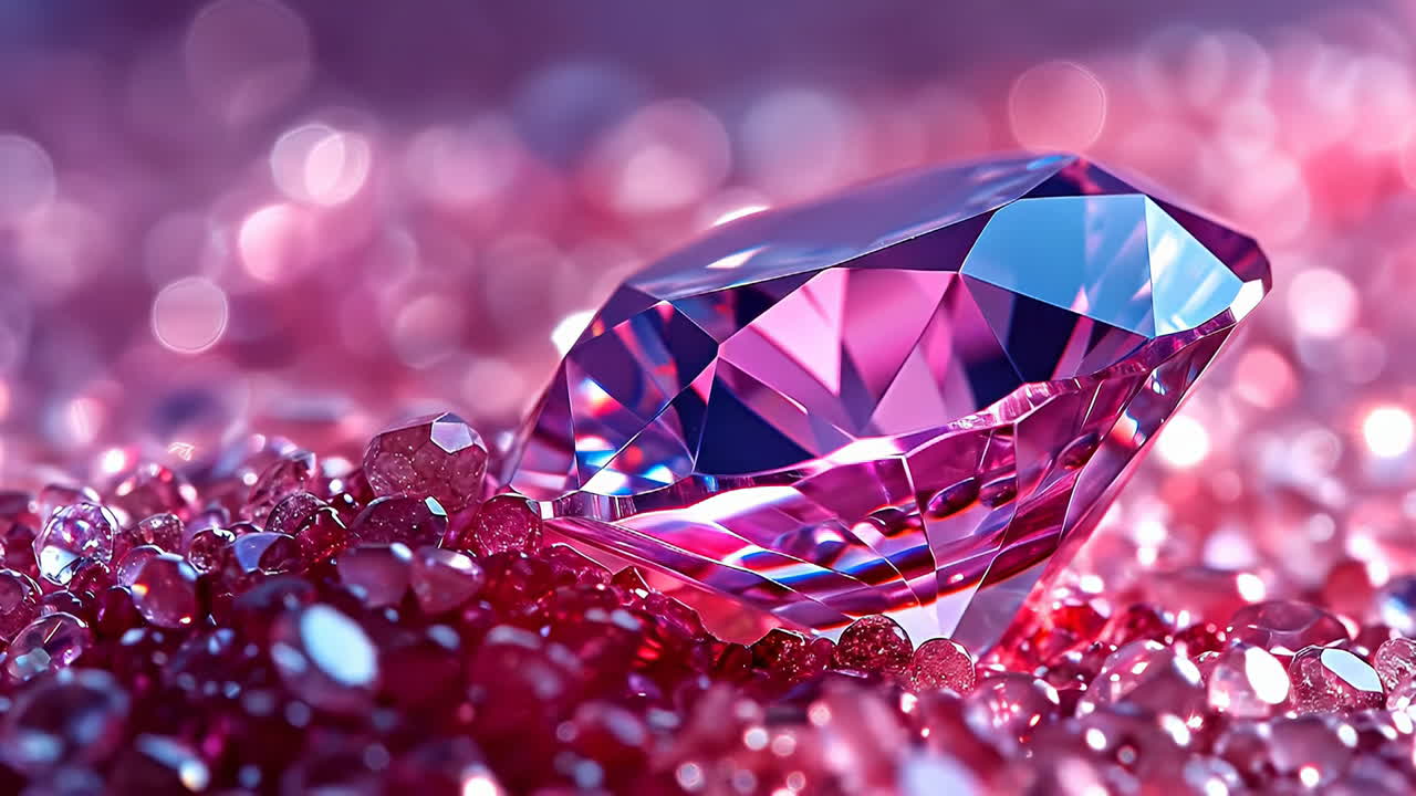 Shiny pink diamond on a bed of gems. A pink diamond rests among smaller gems, reflecting light in a bright space filled with sparkle and color