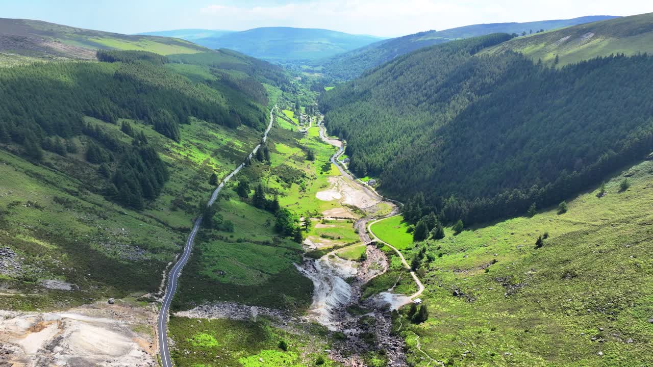 Drone landscape Wicklow Glendalough at the end of the Wicklow Pass road in summer Ireland Epic Locations and landscapes