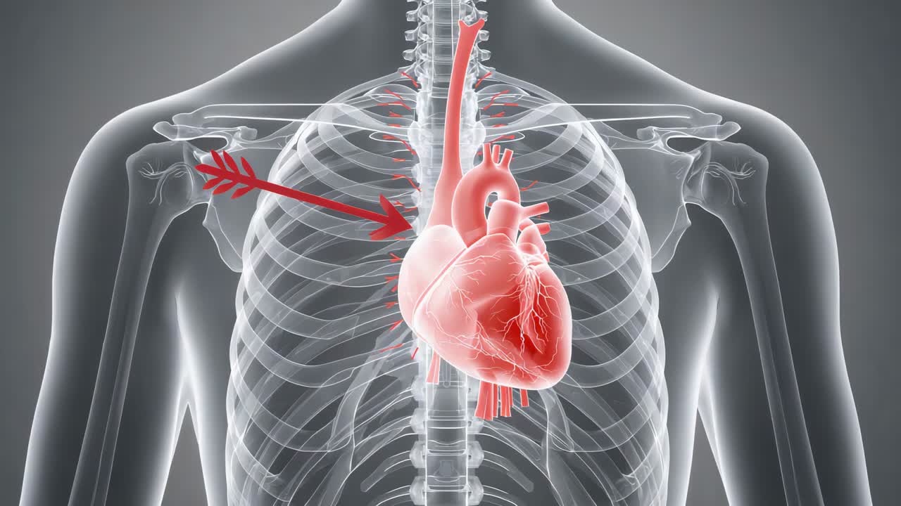 Freccia rossa che appare da sinistra, cuore che pulsa nel torace in rendering in 3D, che mostra il ventricolo sinistro