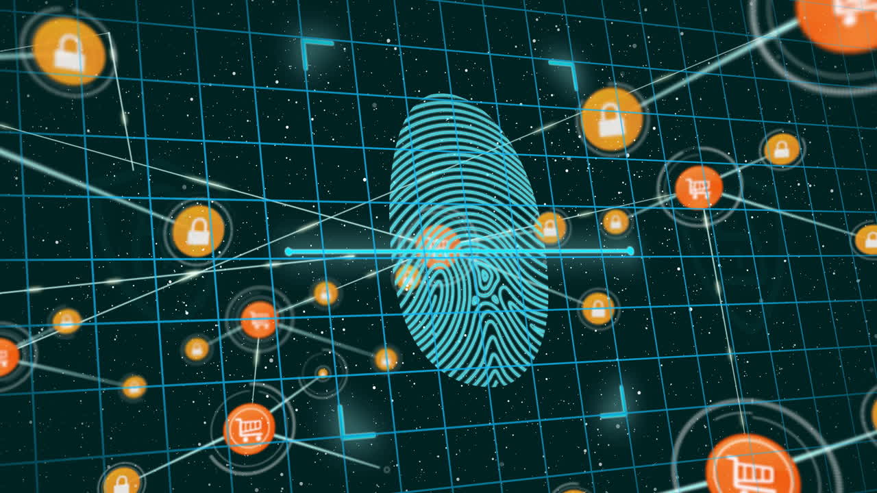 Animation of biometric fingerprint, padlocks, data processing over network of connections with icons