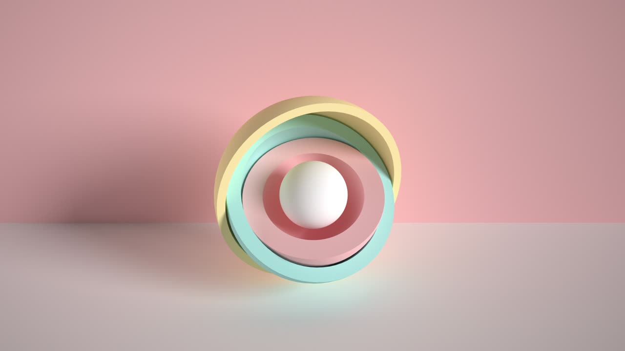 diseño de movimiento minimalista en 3d, bola escondida dentro de hemisferios coloridos, capas que se abren, objetos geométricos simples, formas primitivas aisladas en fondo azul, imagen en vivo, póster animado moderno