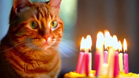 gato de jengibre celebrando su cumpleaños con velas