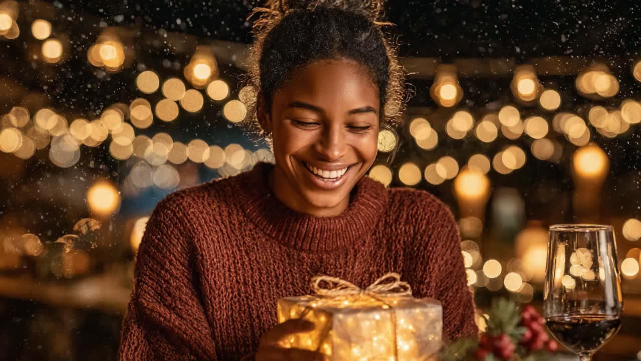 Joyful Celebration: A Young Woman Smiles While Holding a Glowing Gift Amidst a Twinkling Bokeh Background, Capturing the Essence of Festive Cheer and Warmth