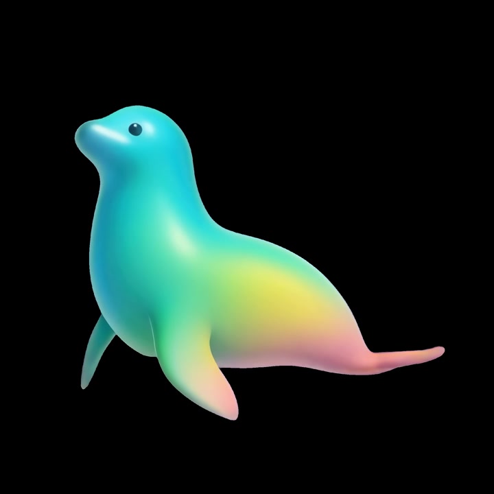 Foca com gradiente de arco-íris animada em 3D flutuando em fundo preto