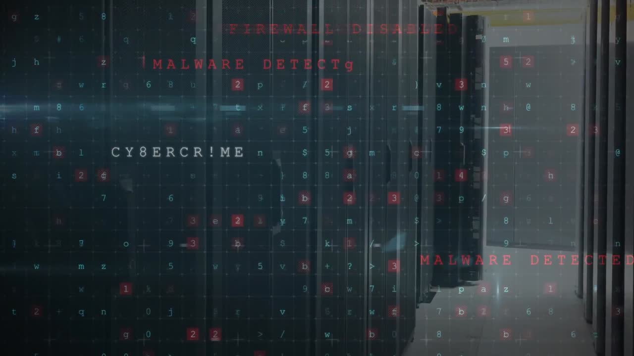 Animation of data processing and hacking texts over server room