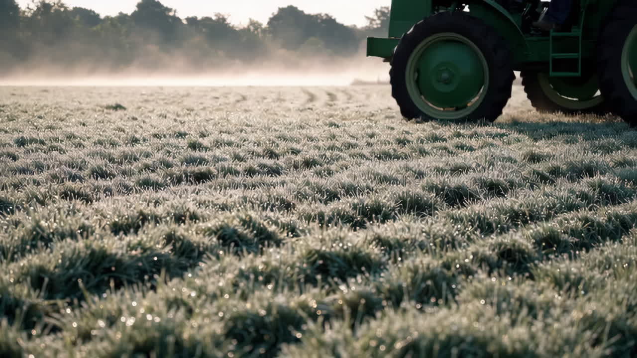 Tractor in a frosty field on a misty morning