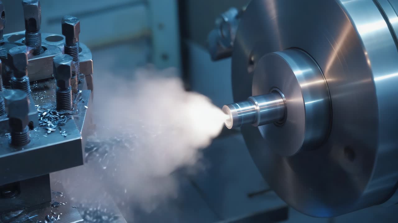 Close-up of a metal part being machined on an industrial lathe or CNC machine with smoke/coolant
