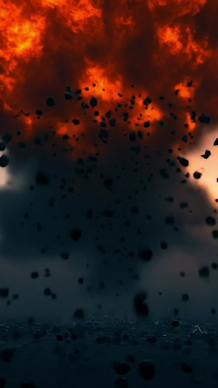 Massive explosion in urban setting. A large explosion erupts in the city, surrounded by dust and debris amid towering buildings at sunset.