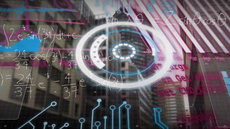 Animation of scopes scanning and data processing over cityscape