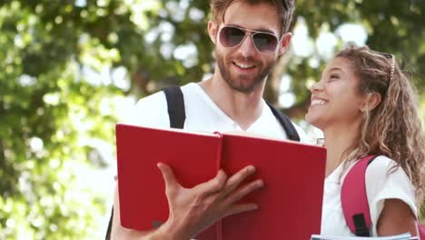 Smiling-hipster-couple-reading-book