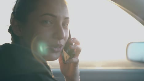 lady with dark braids enjoys talking on phone sitting in car