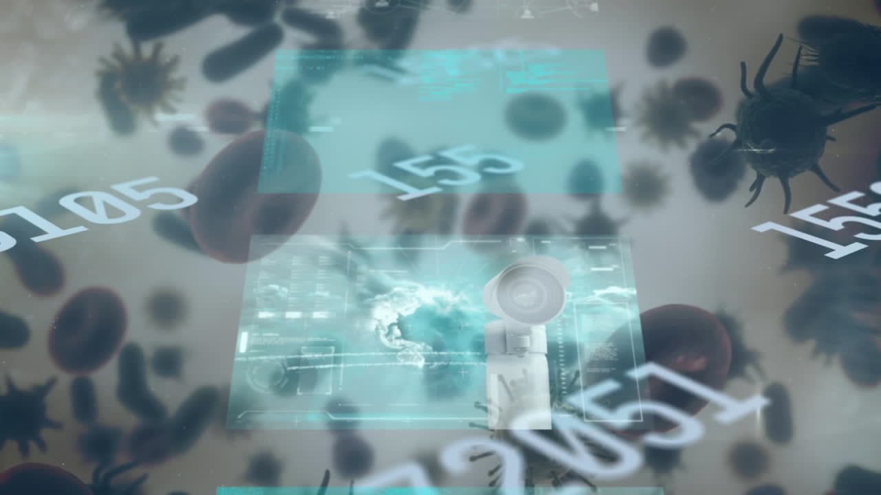 코로나 19 세포 위의 화면에서 변화하는 숫자와 데이터의 애니메이션