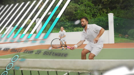 sports teammates hitting tennis ball on court, with graphic overlays tracking racket motion