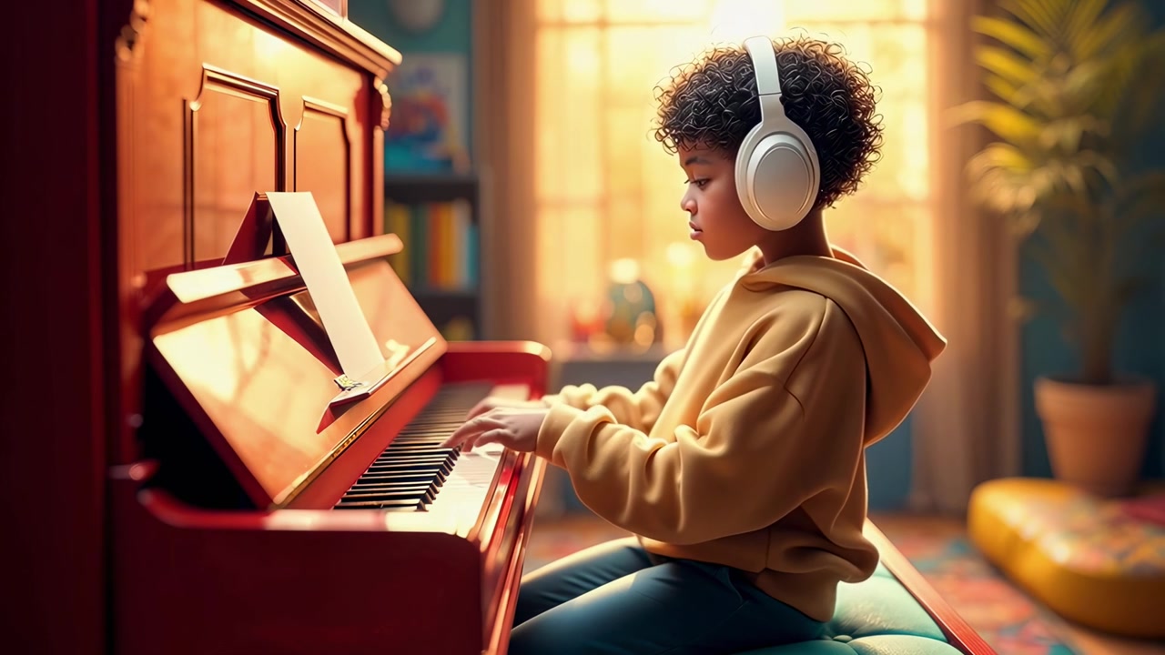 Jeune enfant avec un casque jouant du piano à la maison