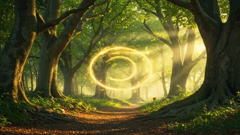 a mystical journey through an enchanted forest: the transformative power of light and whirling leaves in nature's embrace