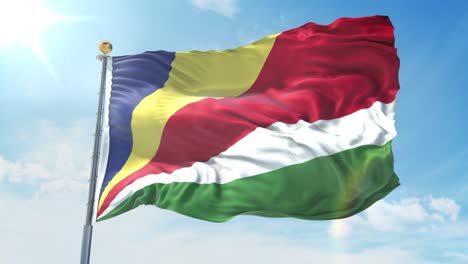 bandera de las seychelles ondeando en el viento contra el cielo azul profundo. tema nacional, concepto internacional. render 3d bucle sin costuras 4k
