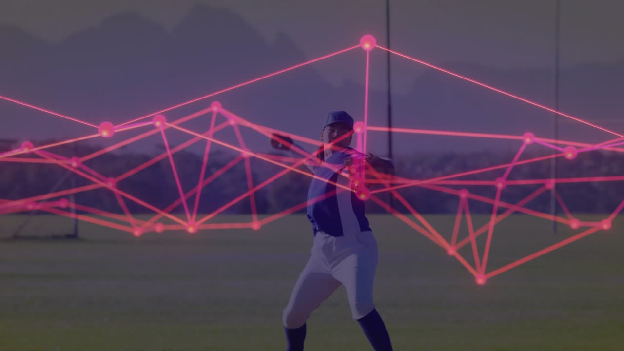 Female pitcher starting windup on mound releasing ball as pink network tracking torso for sports
