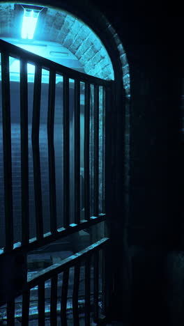 a dark and gloomy alleyway with a metal gate and a brick archway.