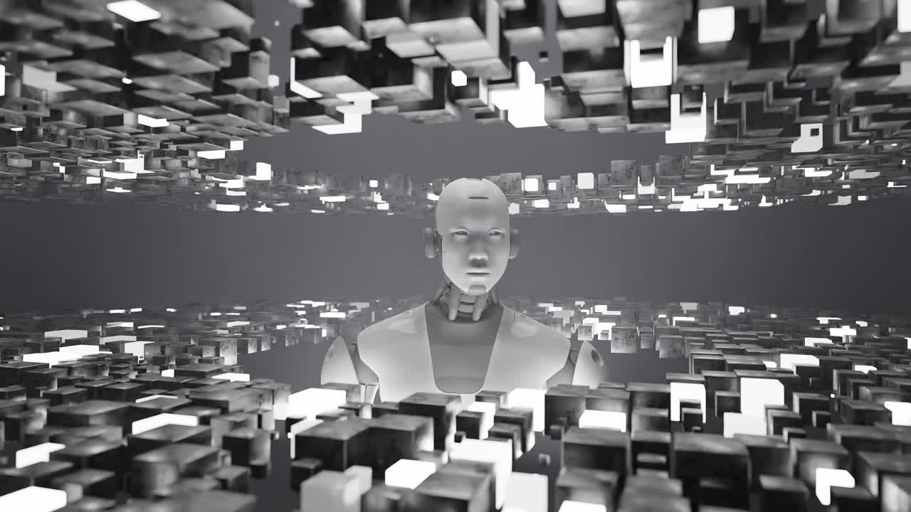 Humanoid robot standing inside a tunnel of glowing white cubic structures. Monochrome 3D digital illustration. Artificial intelligence and technology concept, banner, wallpaper