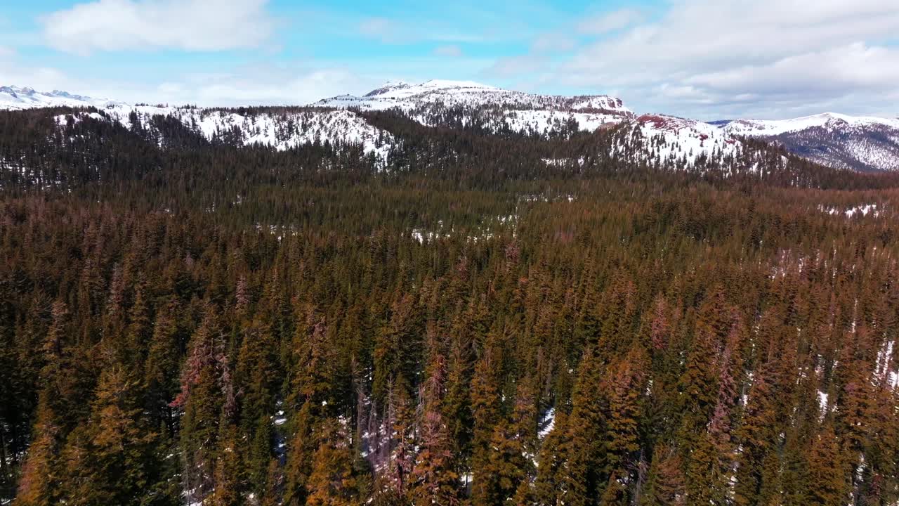 Foresta Nazionale di Inyo, punto panoramico Minarets, Strada del Passo Tioga, Montagne del Summit Minarets di Yosemite, Stazione sciistica di Mammoth Lakes, vista panoramica, California, drone aereo, nuvole soleggiate, neve diurna, panoramica in avanti verso l'alto.