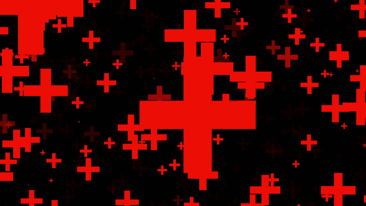Motion graphic overlay featuring flying red cross symbols on a dark background. Perfect for medical technology promos, emergency services, and healthcare data visualizations