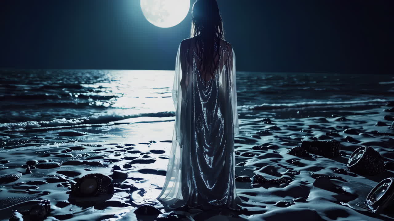 Woman on the Beach at Night under the Full Moon
