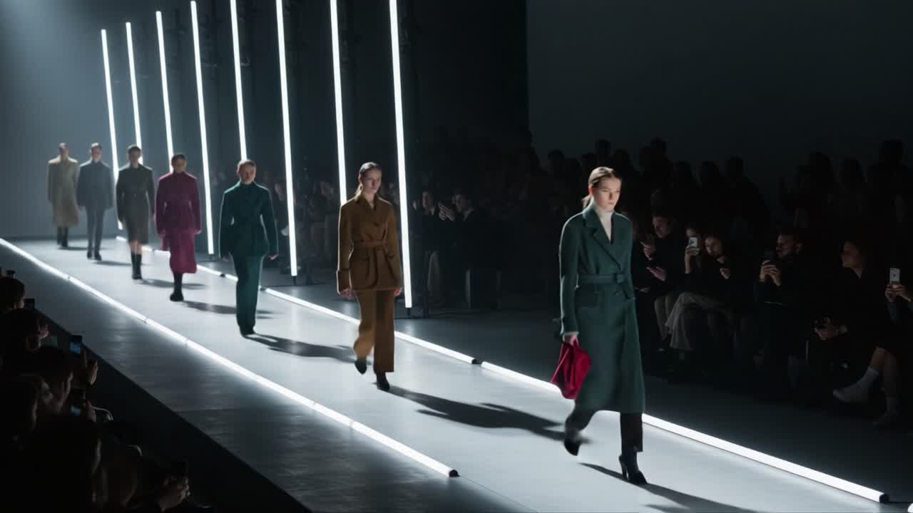 A Stunning Fashion Showcase Featuring Models Gracefully Walking the Runway Amidst Striking Neon Lighting and an Engaged Audience Captivated by the Latest Trends