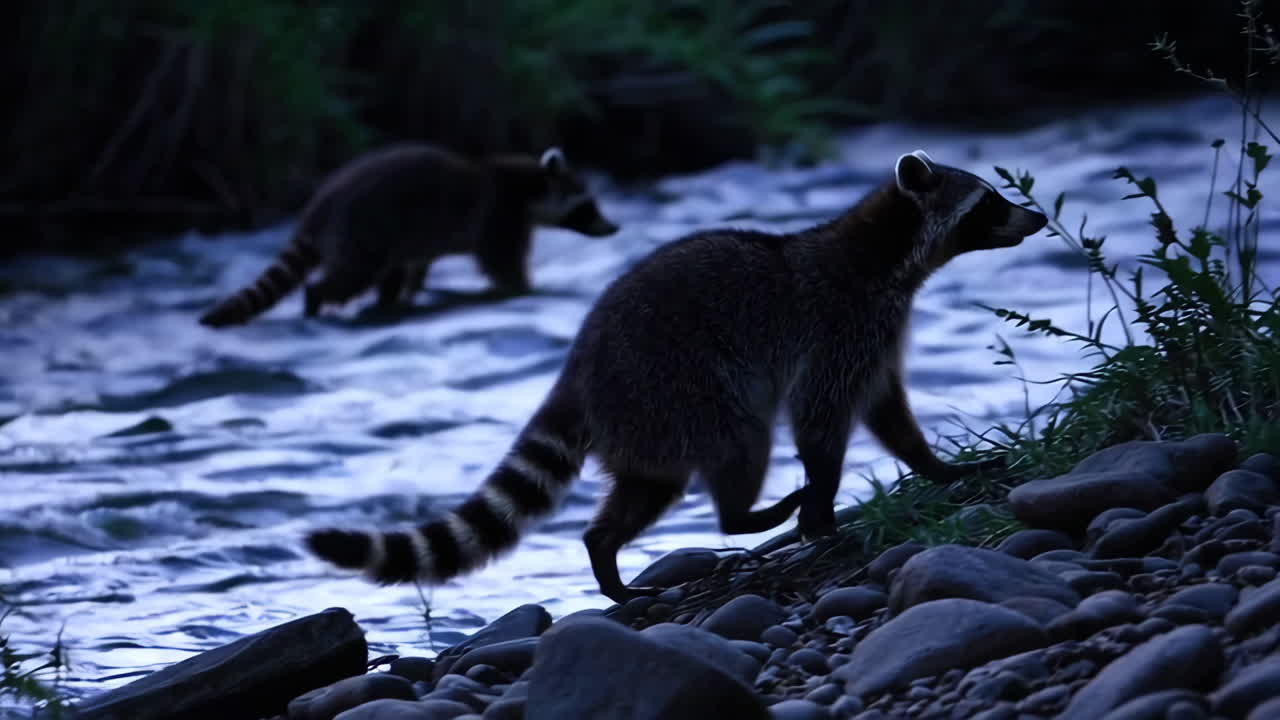 Raccoons by the River at Dusk