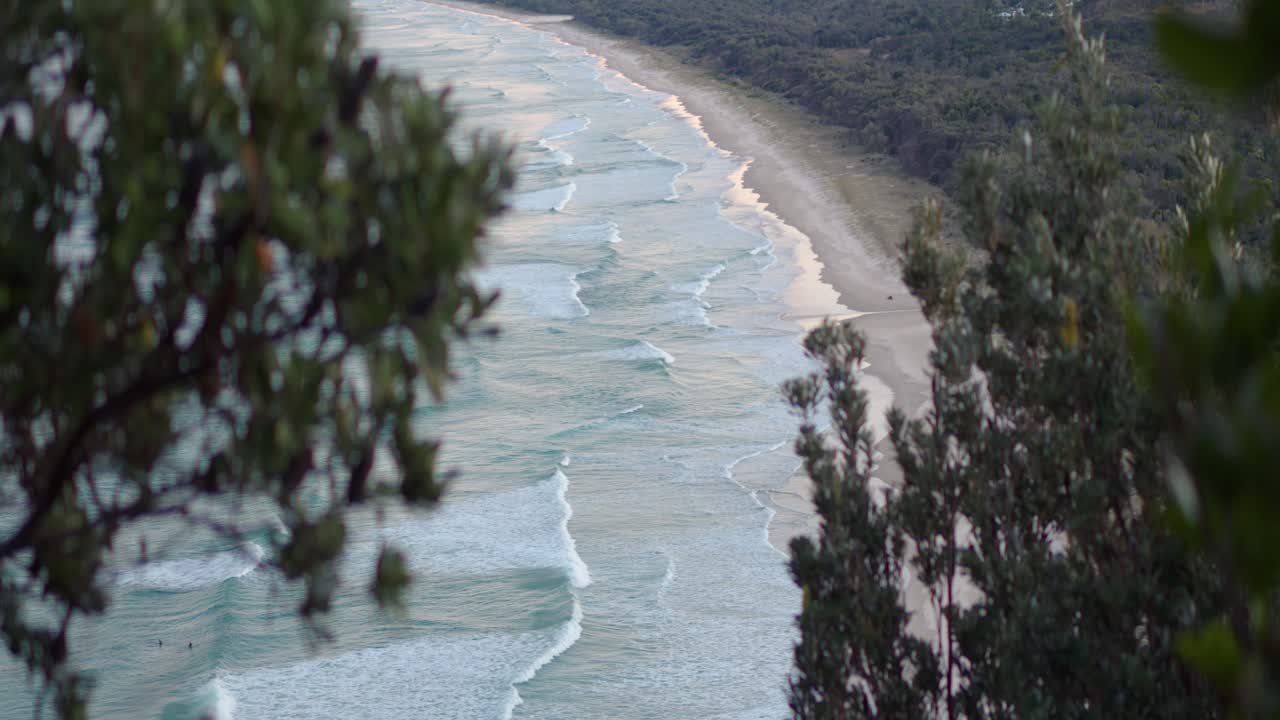 uma vista de uma praia e do oceano de um ponto de vista alto. a água é de cor azul e as ondas estão batendo na costa. as árvores enquadram a imagem.